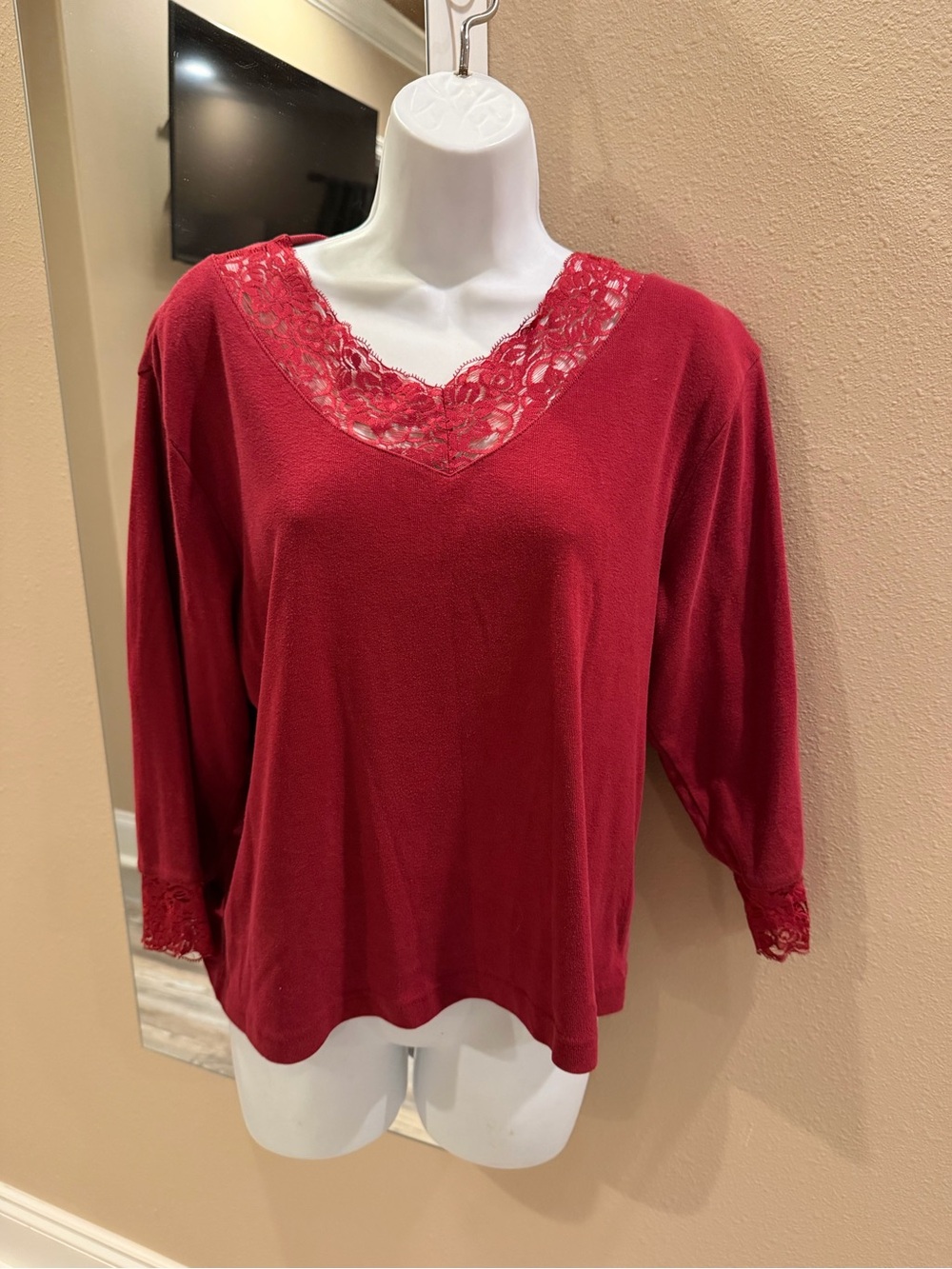 Erika Red Lace-Trim V-Neck Long Sleeve Top